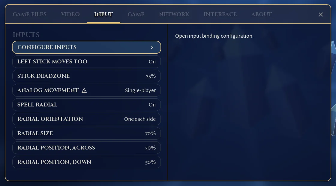 The Input tab of the settings: stick dead zone, analog movement and the spell radial.