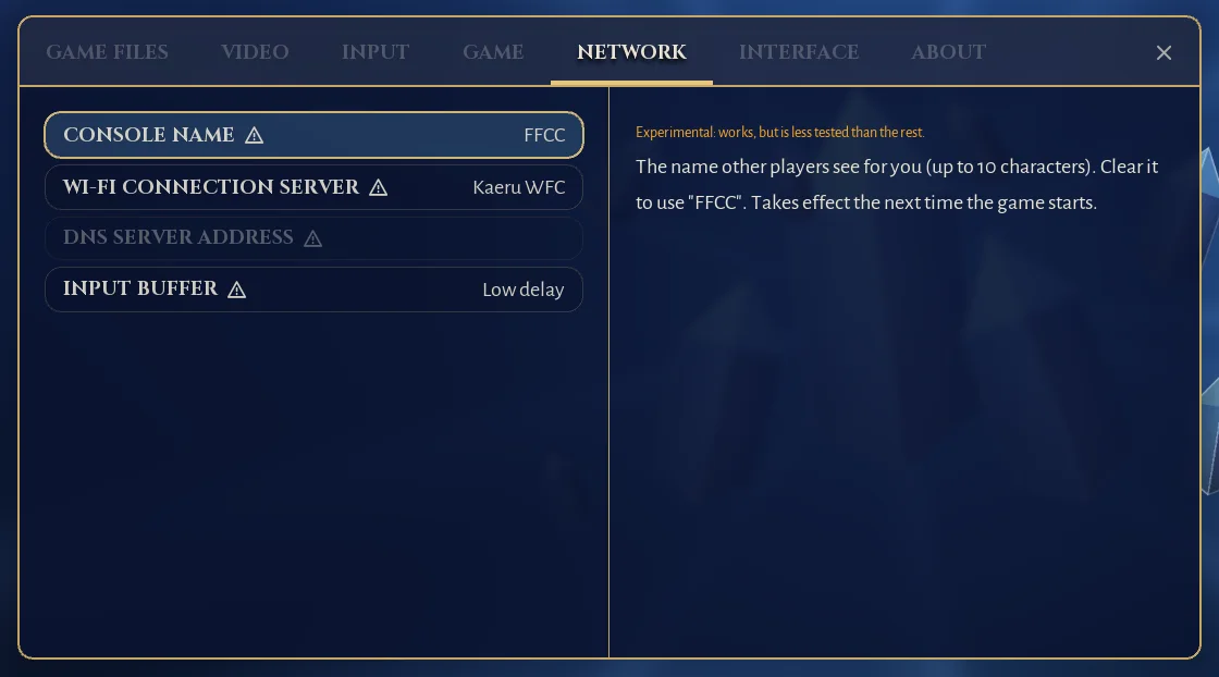 The Network tab of the settings: console name, Wi-Fi connection server and input buffer.