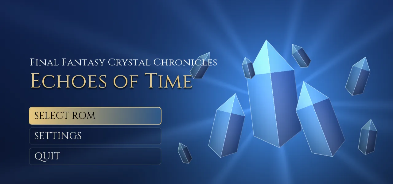 The start screen: the title, with Select ROM, Settings and Quit buttons over a crystal backdrop.