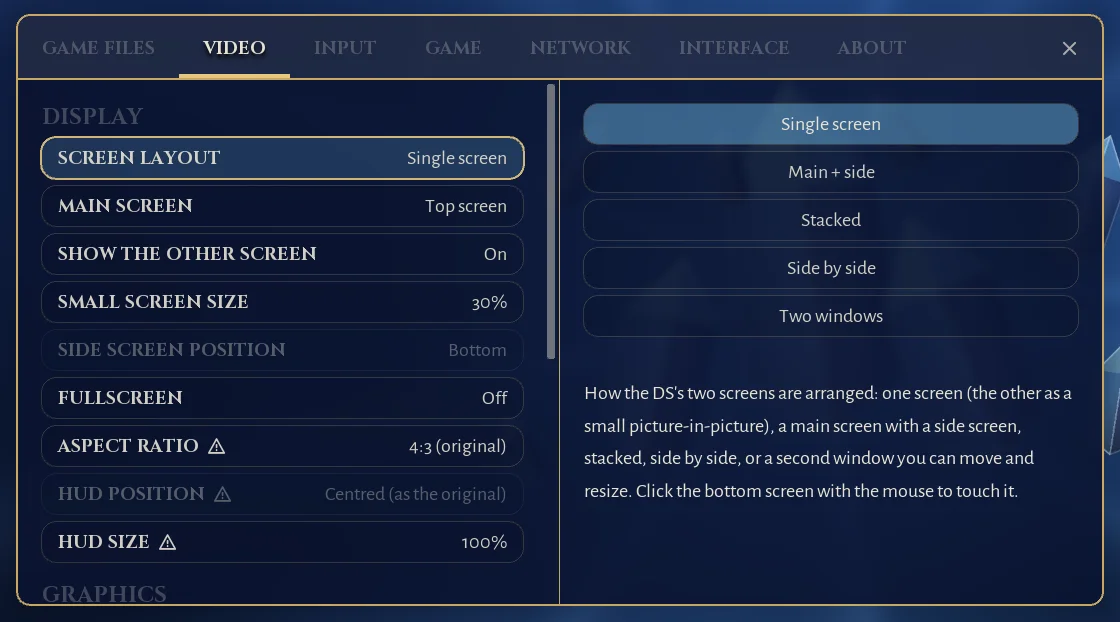 The Video tab of the settings: layout, resolution, filters and frame rate choices.